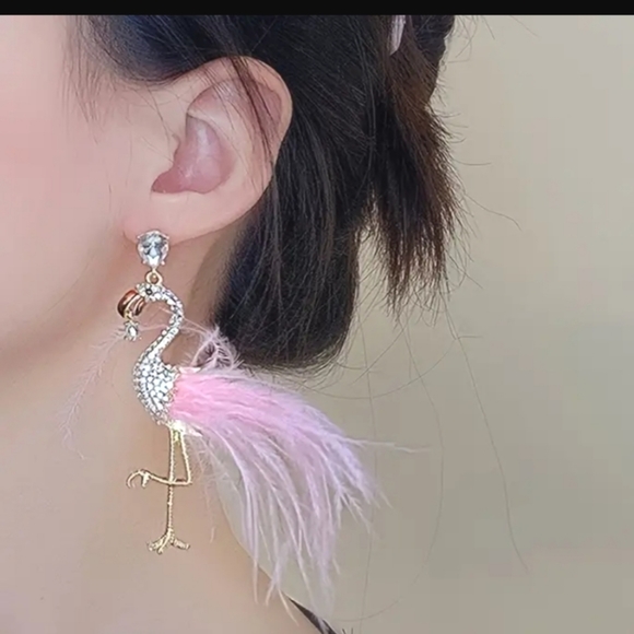 🌺Flamingo Rhinestone Feather Earings Flamingo Accessories - Picture 2 of 5